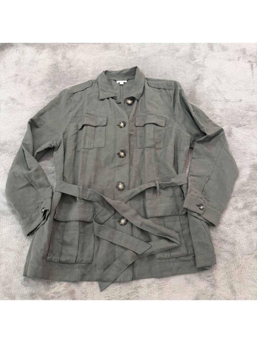 J. Jill Linen Blend Army Green Utility Button Up Jacket Womens XL Safari Coat